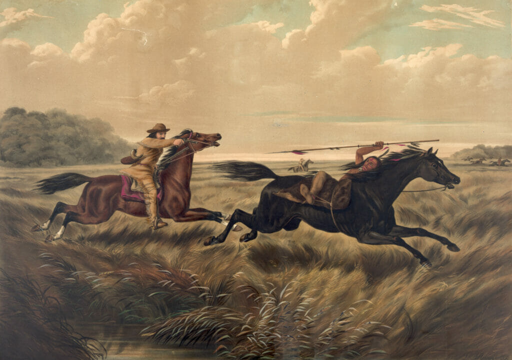 Vintage Illustration Of A Cowboy With A Pistol Chasing A Native American Holding A Spear On Horseback