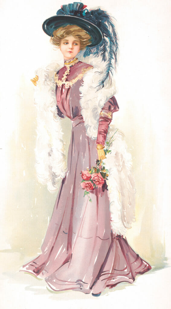 Vintage Illustration Of A Lady Dressed In A Beautiful Dress Holding Roses In Her Hand Wearing A Hat