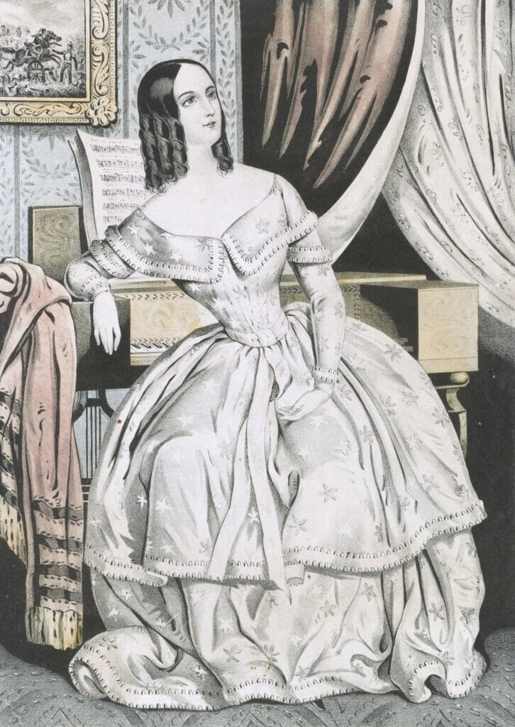 Vintage Illustration Of A Lady Dressed In Awhite Dress Sitting In A Room