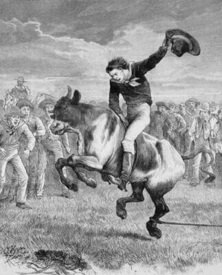 Vintage Illustration Of Cowboy Riding A Bucking Bull