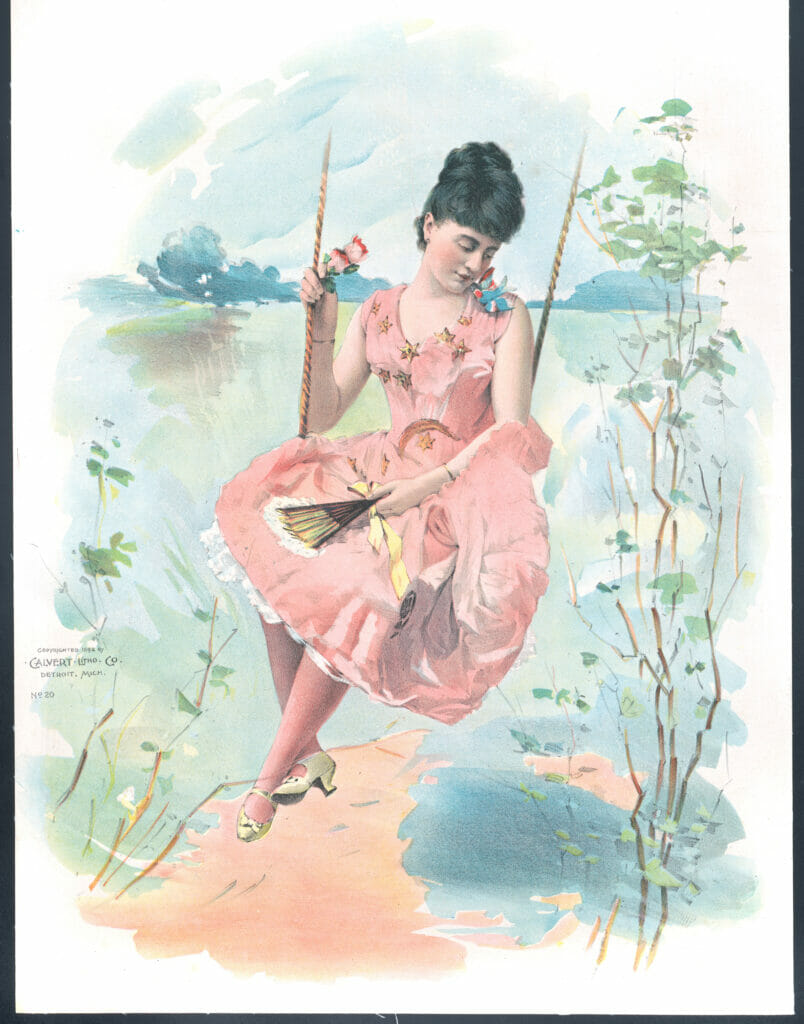 Woman Wearing A Pink Dress With Gold Stars Sitting On A Swing Vintage Woman Illustration