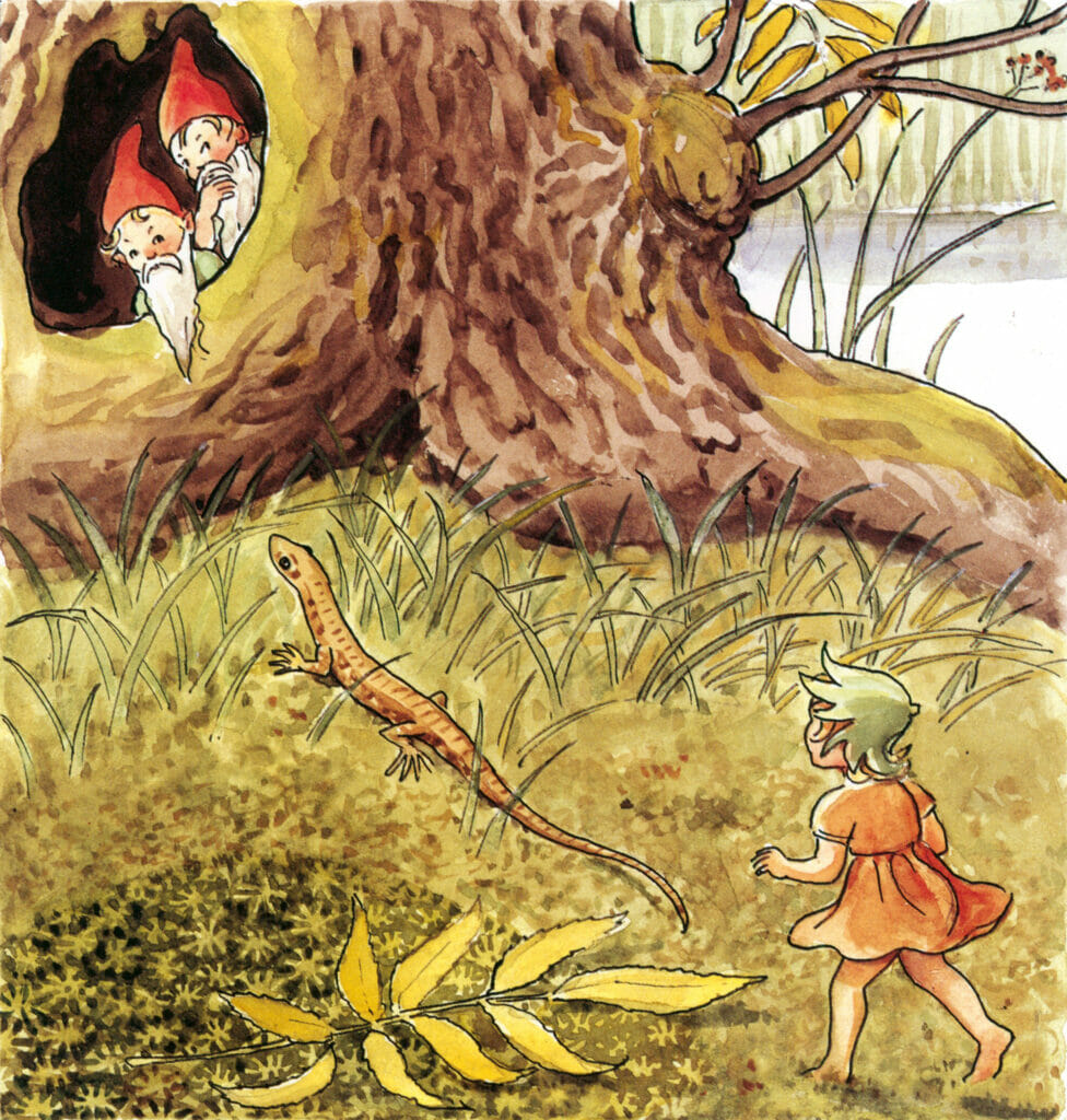 Gnomes Peeping Out Of A Tree Hole Looking At A Girl And Lizard